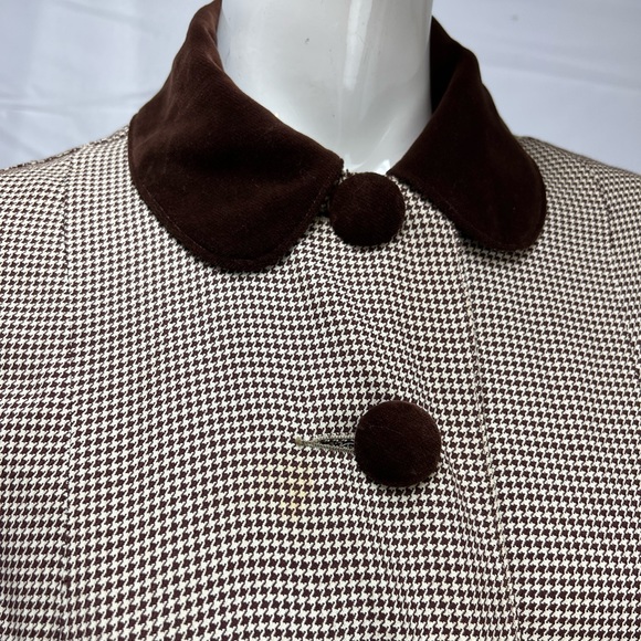 Women's Vintage Sherbrooke Brown Houndsbooth Wool Tweed Velvet Overcoat Jacket L - Picture 7 of 9
